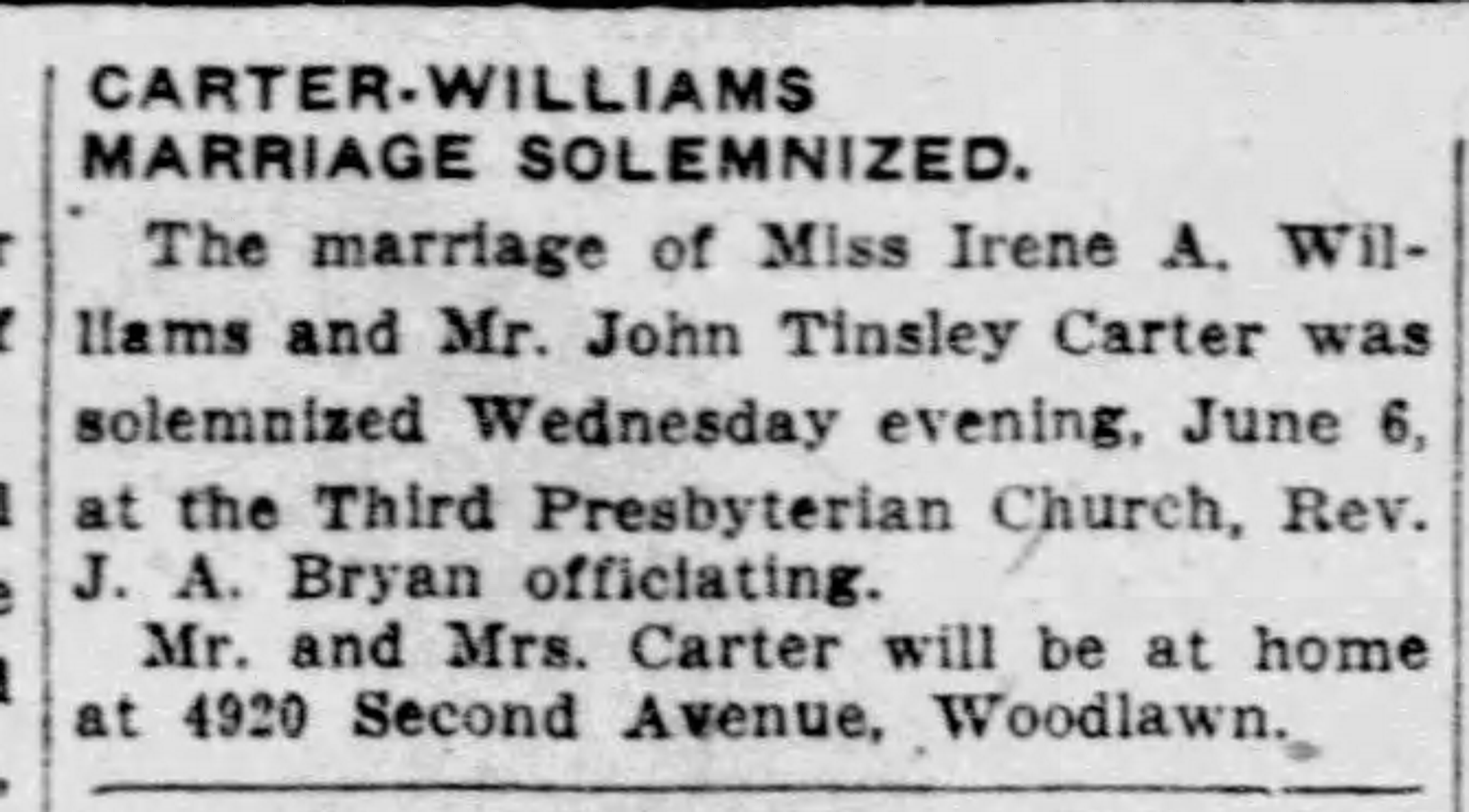 Carter-Williams Marriage Solemnized